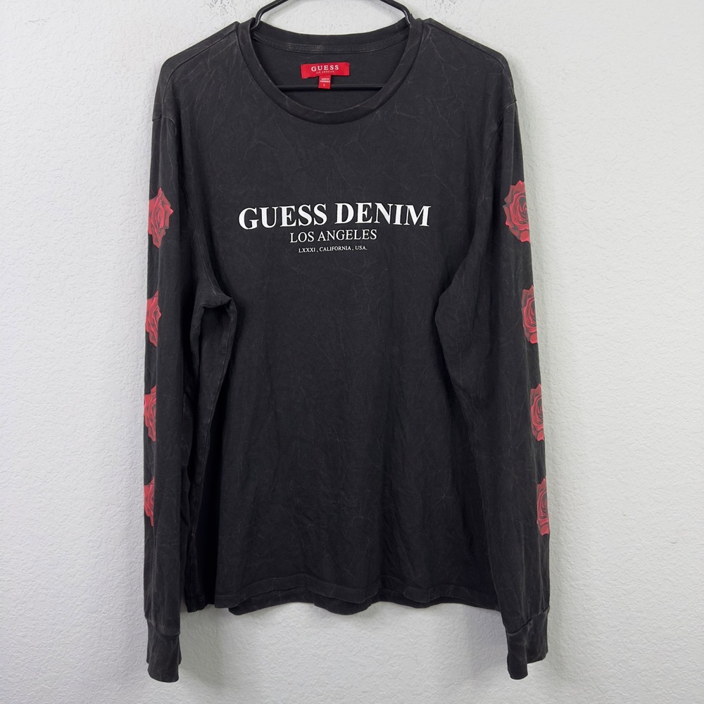 Guess T-Shirt Mens L‎ Black Rose Graphic Long Sleeve Streetwear Y2K 90s Grunge